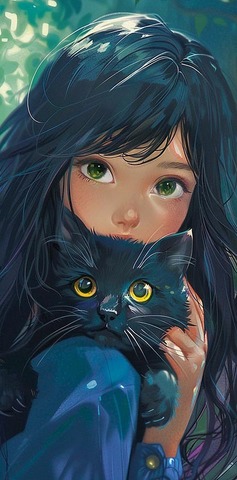 Открытка-конверт, Девочка с черным котиком, 8*17 см, 5 шт.