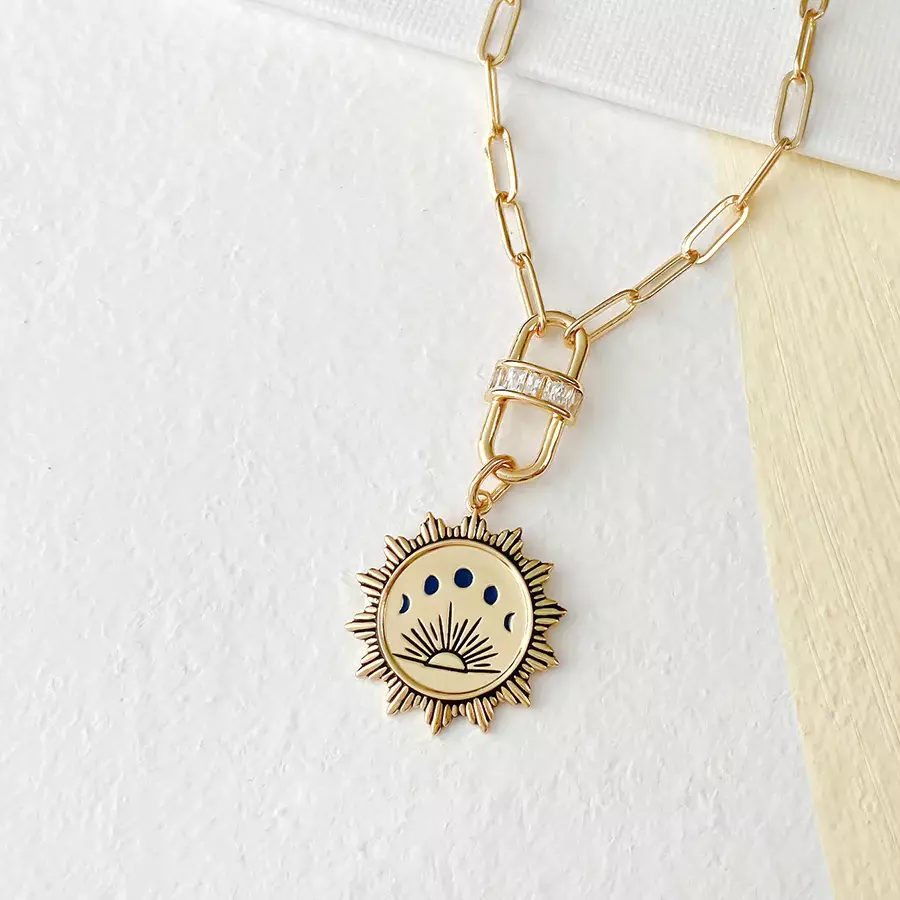 Sun and Moon Phase Navy & Gold Necklace