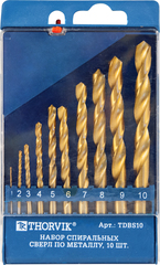 Thorvik TDBS10 Набор спиральных сверл по металлу HSS TiN в пластиковом кейсе, d1.0-10.0 мм, 10 предметов 52479