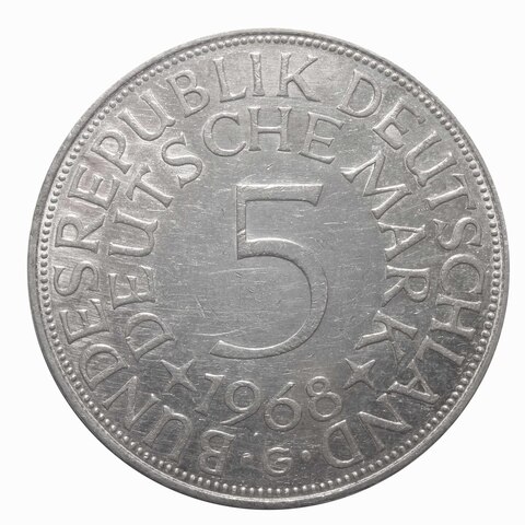 5 марок. Германия. (G). Серебро. 1968 год. XF
