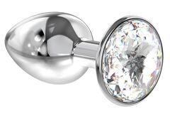 Малая серебристая анальная пробка Diamond Clear Sparkle Small с прозрачным кристаллом - 7 см. - 