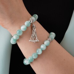 Браслет из  Бирюзового Кошачьего глаза и шарика с фианитами, silver