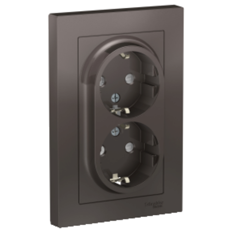 Розетка двойная с заземлением со шторками, 16А, в сборе. Цвет Мокко. Schneider Electric AtlasDesign. ATN000626