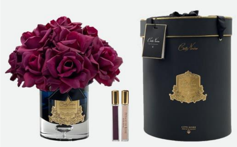 Ароматизированная роза в черной вазе и 2 спрея по 10мл Grand Bouquet Black glass carmine red