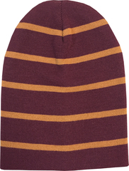Зимняя двухслойная удлиненная шапочка с полосками. Мелкие светло-терракотовые полоски на бордовом фоне