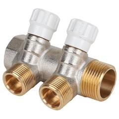 Коллектор латунный никелированный DN20, 2 выхода G 1/2 с вентилями, под евроконус, MVI MM.402.0504