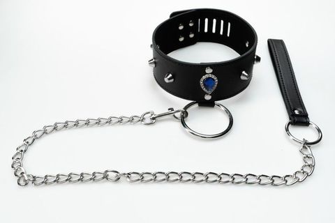 Черный ошейник с синим кристаллом и поводком - Джага-Джага BDSM 912-05 BX DD