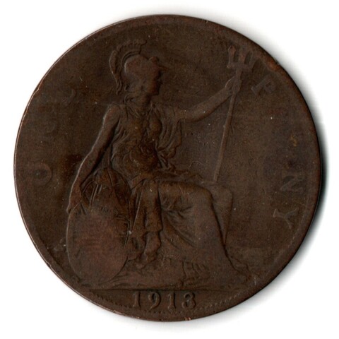 1 пенни 1913 год. Великобритания (Георг V). Бронза, диаметр 30.8 мм. VF