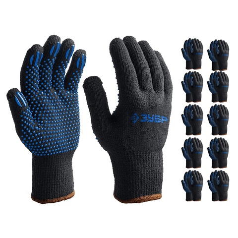 ЗУБР МАСТЕР, L-XL, трикотажные перчатки с точечным ПВХ покрытием, утеплённые, противоскользящие, 10 пар (11462-H10)