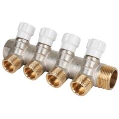 Коллектор латунный никелированный DN20, 4 выхода G 1/2 с вентилями, под евроконус, MVI MM.404.0504