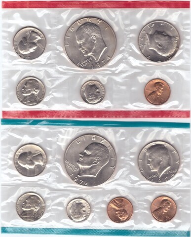 Годовой набор монет США 1974 года (6 монет - D; 6 монет - P; 1 цент - S) в родном конверте. Медно-никель, медь