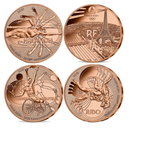 Набор из 3 монет 1/4 евро 2021 год Олимпийские игры Плавание, Дзюдо и Теннис Франция
