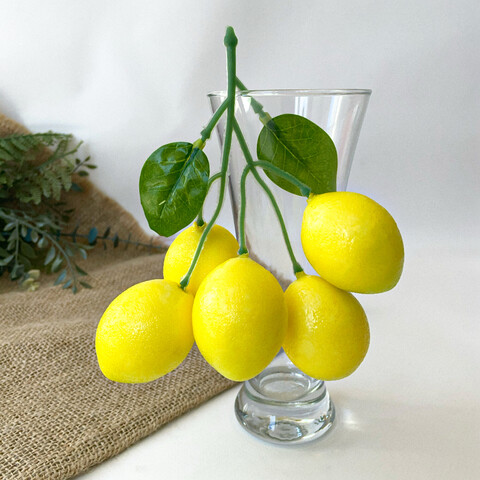 Лимоны реалистичные, Фрукты декоративные, муляжи, ветка 16 см, лимон 4 см, 5 шт на связке, набор 1 связка.