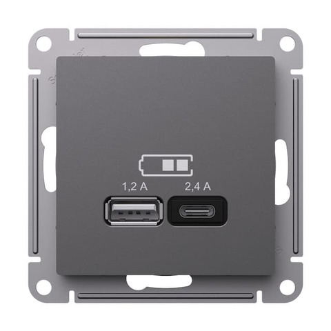 Розетка USB-зарядка двойная А+С 5В/2,4 А, 2х5В/1,2 А. Цвет Базальт. Schneider Electric AtlasDesign. ATN001439