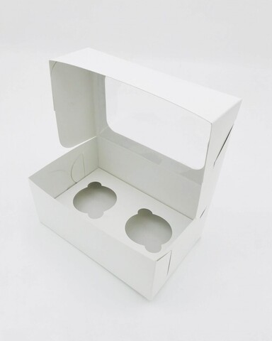 Коробка картонная для капкейков на 2 шт., с окном, из бел/бел картона. 160х100х100мм