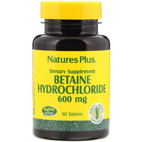 Nature's Plus, Бетаин гидрохлорид (Betaine Hydrochloride), 600 мг, 90 таблеток