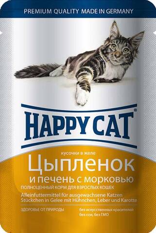 Happy Cat пауч (цыпленок, печень, морковь) в желе 100 г