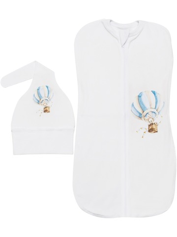 Пеленка-кокон "Зайка на воздушном шаре" с шапочкой