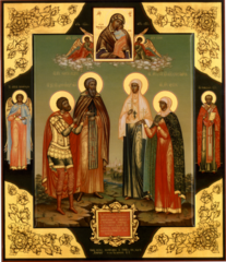 Икона святые Александр, Сергий, Елизавета и Юлия перед иконой Божией Матери Ярославская на дереве на левкасе