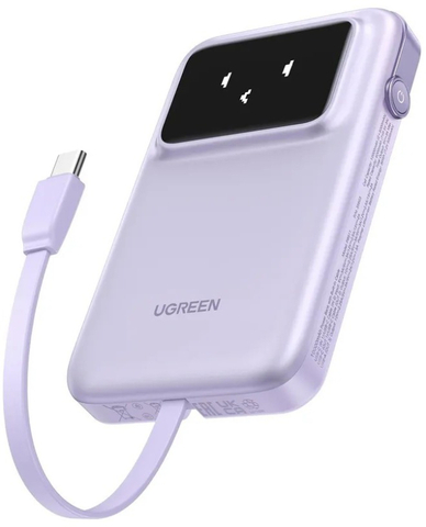 Внешний аккумулятор UGREEN PB511 (35604B) UNO 10000 30W Power Bank Display встр. кабель USB-C, фиолетовый