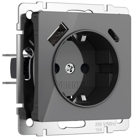 Розетка электрическая с USB зарядкой 2К+З/2хUSB тип А/C, с заземлением и шторками - 16 А - 250 В~. Цвет Графит акрил. Werkel(Веркель). Встраиваемые механизмы. a064093 / W1171744