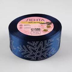 Лента Атласная (4см*23±1м), «Снежинки», Тёмно-синяя, 1 шт.
