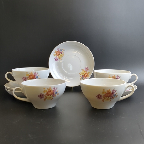 Чайные пары набор на 4 персоны (8 предметов), деколь, цветы, Дулево ФЗ, винтаж СССР 1970-1991 гг