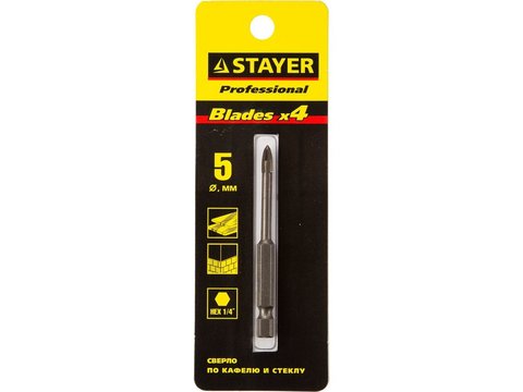 STAYER 5 мм, 4х кромка, HEX 1/4, Сверло по стеклу и кафелю (2985-05)