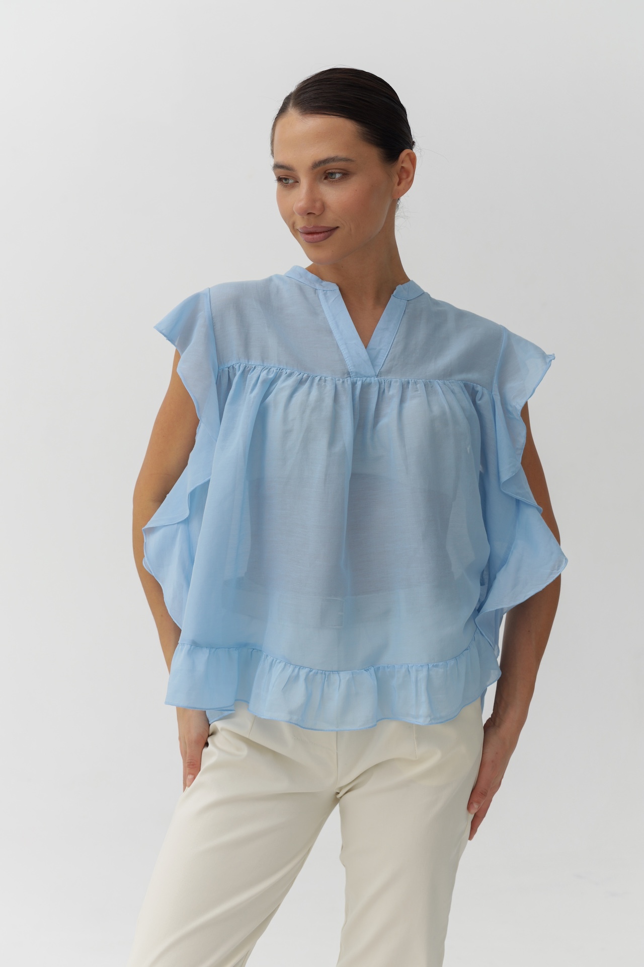 Блуза с воланами из шелка и хлопка