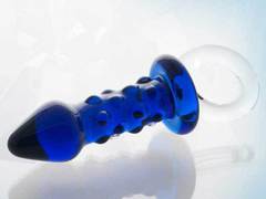 Синяя стеклянная анальная втулка с ручкой-кольцом - 10,5 см. - 