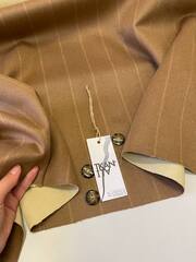 Двусторонний (double-face) пальтовый кашемир с шерстью (80%кашемир/20%шерсть, Бежевый кэмел с тонкой вертикальной полосой/сливочный, 151, 393 гр/м2)