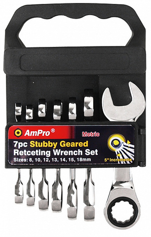 Набор ключей комбинированных трещеточных укороченных, 7 предметов (8-19мм) AmPro