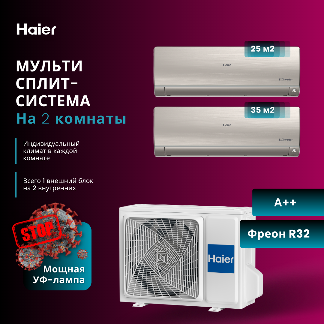 Мульти сплит-система Haier AS25S2SJ2FA-G + AS35S2SJ2FA-G / 2U40S2SM1FA на 2  комнаты 25+35 м2 купить по низкой цене. Доставка по Москве и всей России!