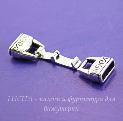 Замок из 2х частей с узором для плоского шнура (цвет - античное серебро) 32х13 мм