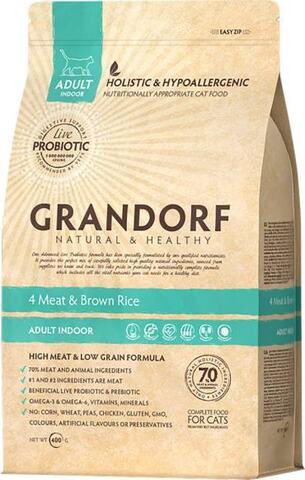 Grandorf Cat 4 Meat&Rice Probiotic Indoor 4 мяса с рисом и пробиотиками, сухой (400 г)