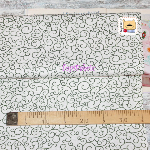 Ткань хлопок бязь Д162 Зелёные завитушки на белом (75х50см)