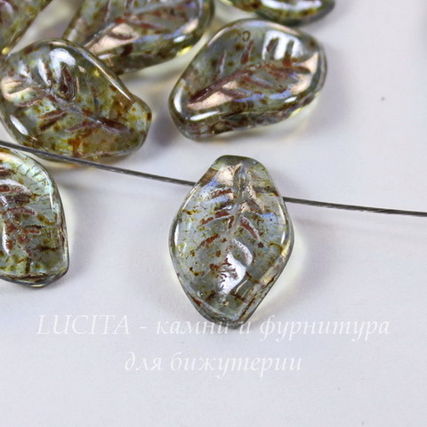 Бусина Wavy Leaf Листик, 14х9 мм, зеленая с коричневым рисунком