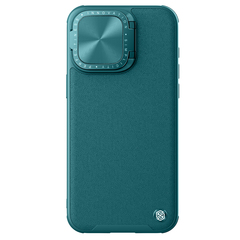 Чехол зеленого цвета (Exuberant Green) с вставками из кожи от Nillkin для iPhone 15 Pro Max, с откидной металлической крышкой для камеры, серия CamShield Prop Leather