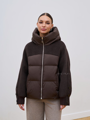 Комбинированный серый пуховик с капюшоном