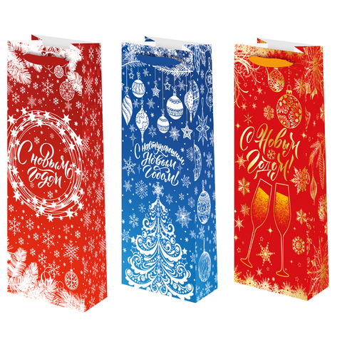 Пакет подарочный под бутылку, С Новым годом, МИКС, 15*36*8 см (Д*В*Ш)