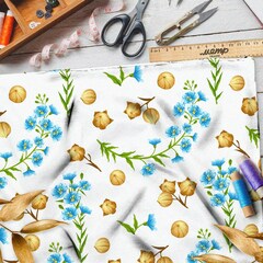 Ткань интерлок фундук и синие цветы на белом фоне