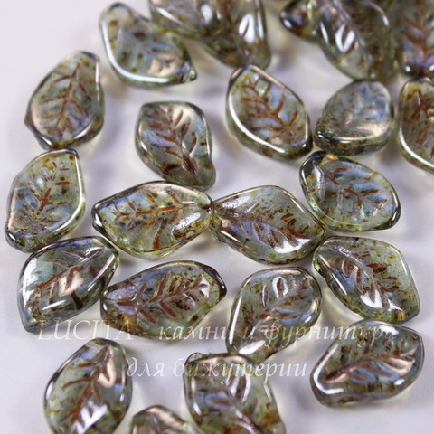 Бусина Wavy Leaf Листик, 14х9 мм, зеленая с коричневым рисунком
