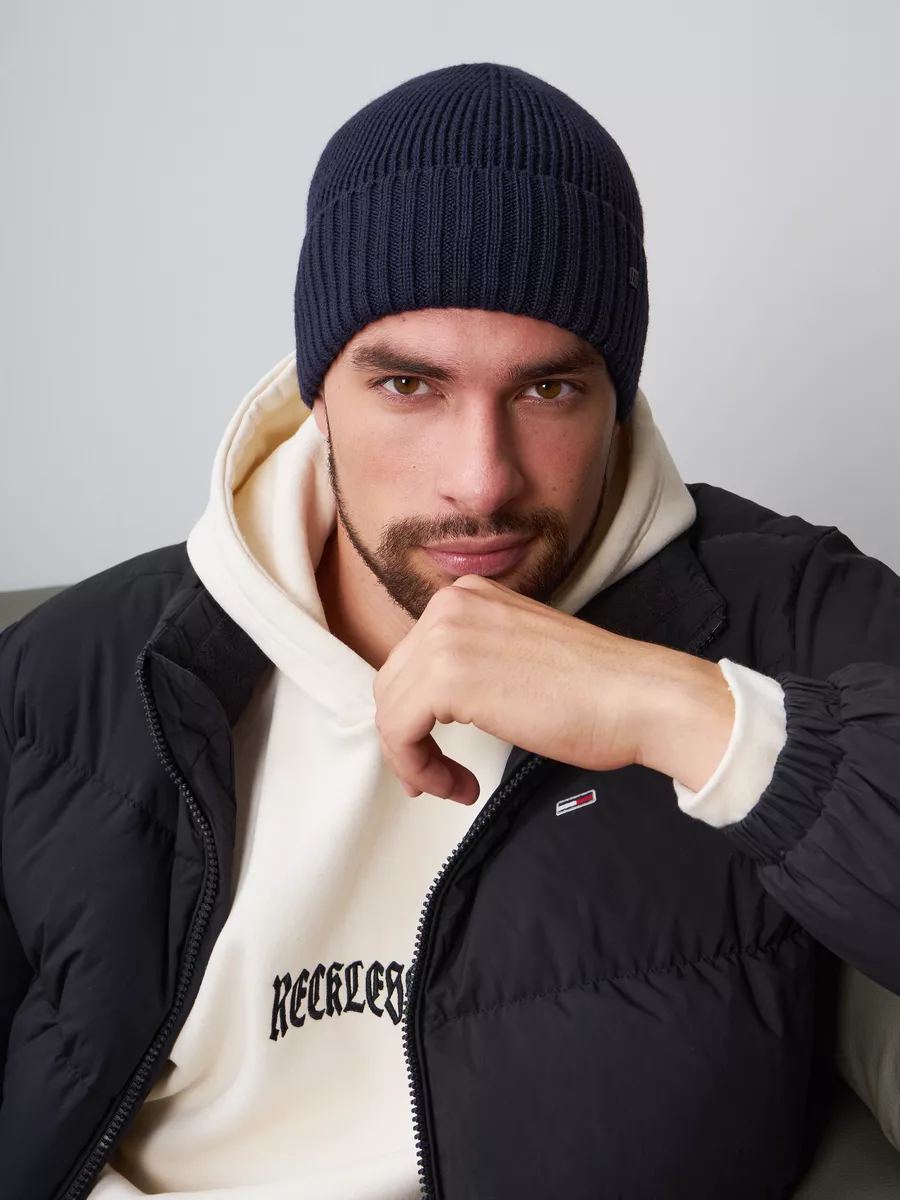 Шапка зимняя на флисе вязаная бини