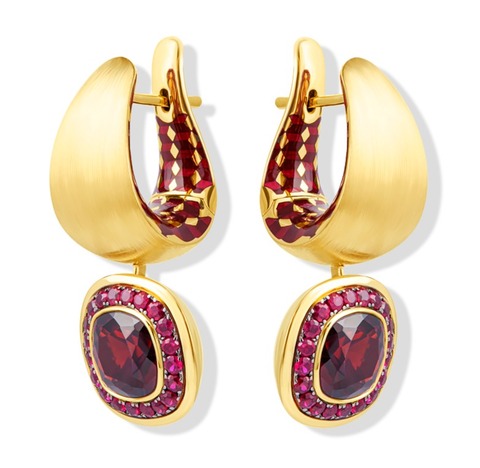 Серьги c гранатом, рубинами и цветной эмалью, E0176-70/4
