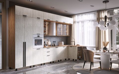 ЛДСП Кухня Рио NEW (металл) 3,8х1,2/1080м (490) Компоновка №7 (Шелковый камень, Дуб Крафт (Дуб вотан))