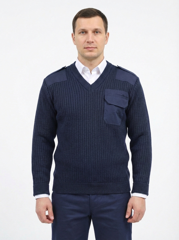 Свитер с накладками п/ш (синий, ворот V)