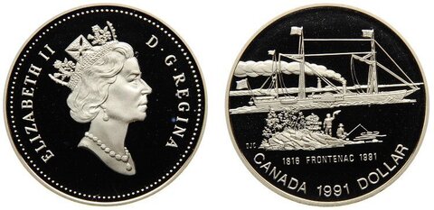 1 доллар. 175 лет пароходу Фронтенак. Канада. Серебро. 1991 год. Proof