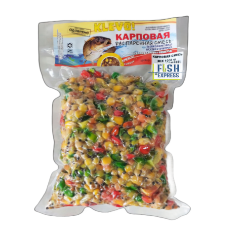 КЛЁВО Распаренная КАРПОВАЯ СМЕСЬ (кукуруза, пшеница, перловка, горох, конопля) (в вакууме) MIX 1000 гр / 12шт в коробке (продажа от 6шт)