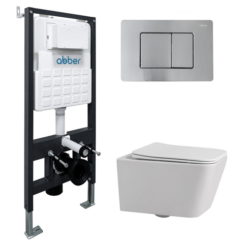 Abber AC1201-AC0105-AC0120MCH Комплект подвесной унитаз Abber Rechteck AC1201 белый с инсталляцией AC0105 и кнопкой AC0120MCH матовый хром