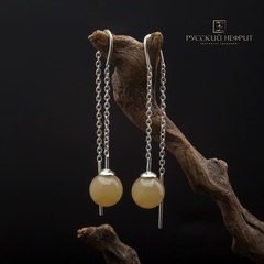 Серьги-протяжки Luna. Серебро, медовый нефрит.